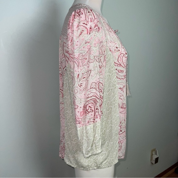 Rose & Thyme Pink Paisley Boho Peasant Blouse Women’s Large Tassel Tie Rayon Top - Picture 7 of 12